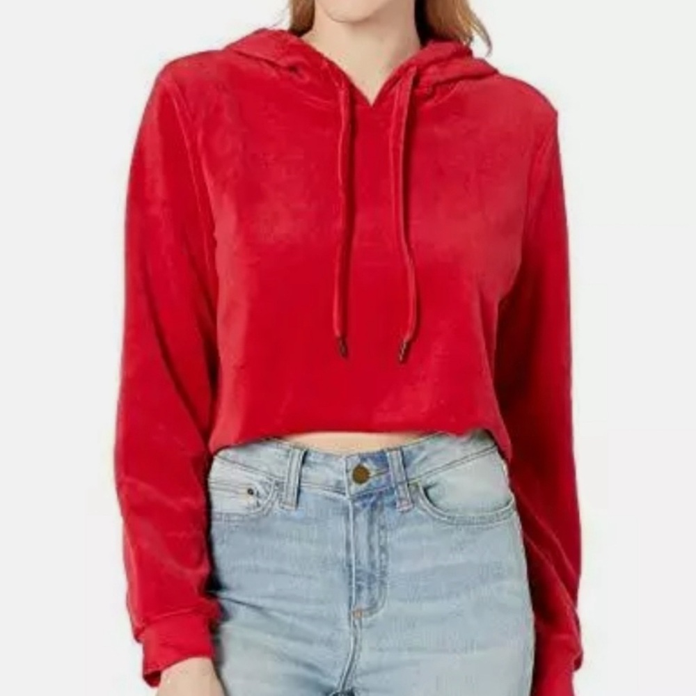 NWT True Religion Velour Cropped Hooded Sweatshirt Pullover Ribbed Ruby Red
